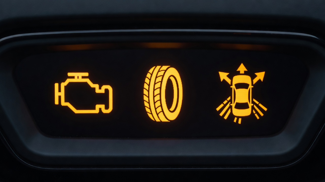 Macro view of illuminated tell-tale symbols for engine, tyre pressure and stability control in a digital instrument cluster