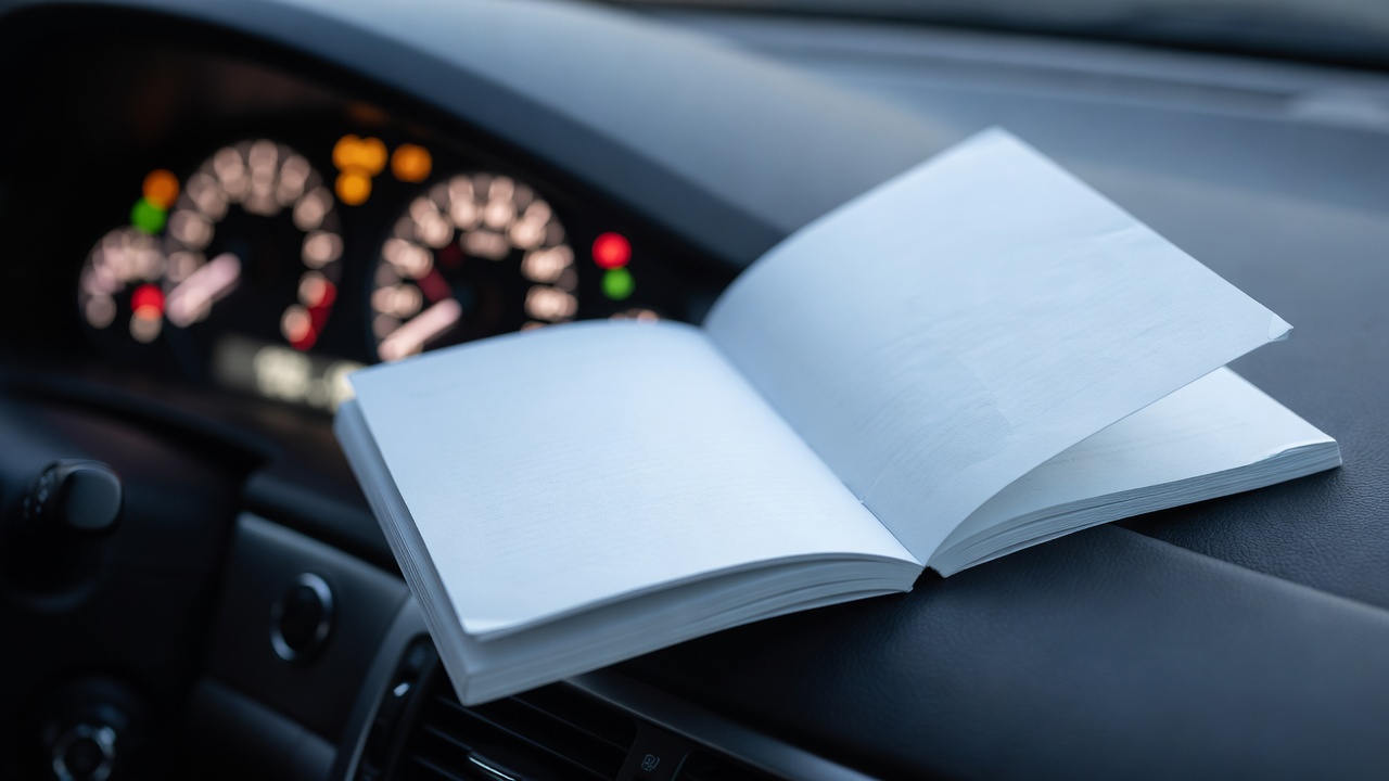 Close-up of an open vehicle owner's manual resting near a lit instrument cluster, shallow focus on the page