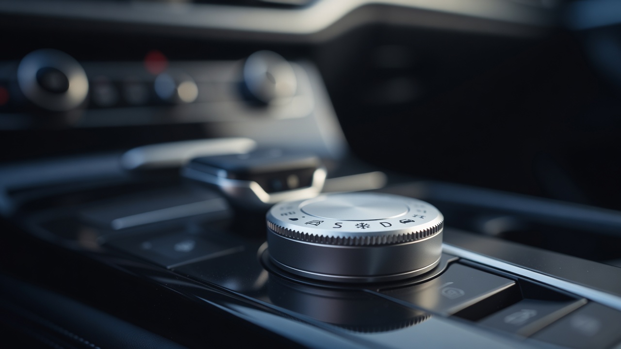 Macro photograph of a rotary drive-mode dial with labelled positions on a centre console, background softly blurred